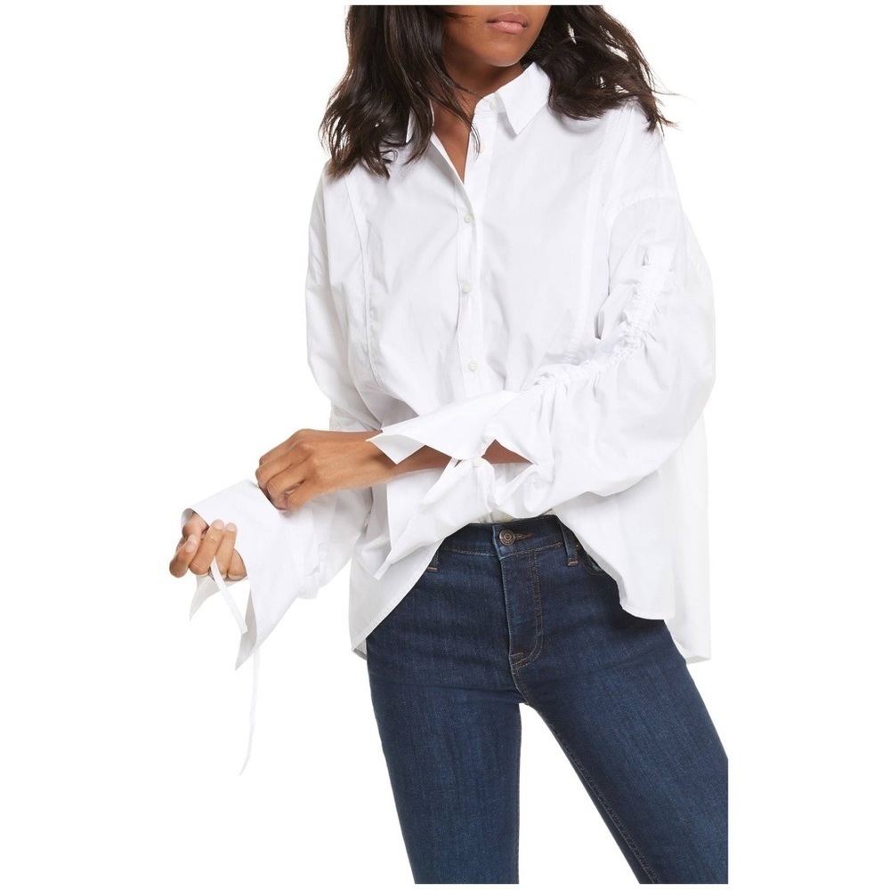 Free People White Brown Eye Girl Poplin Long Sleeves Oversized Shirt sz Large.